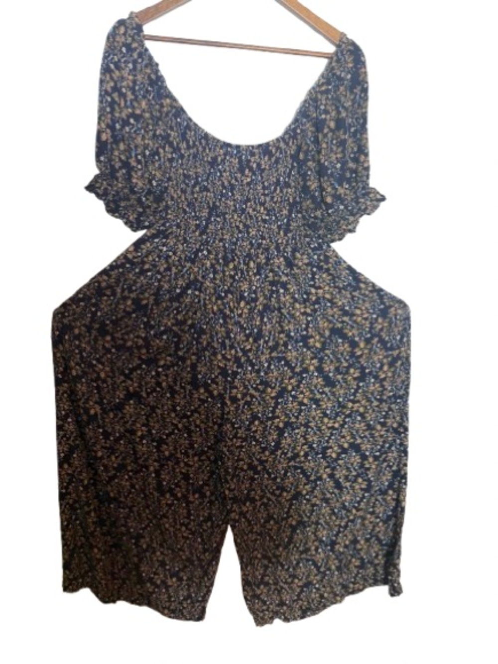 Elloh Navy & Floral Smocked Jumpsuit with Puff Sleeves